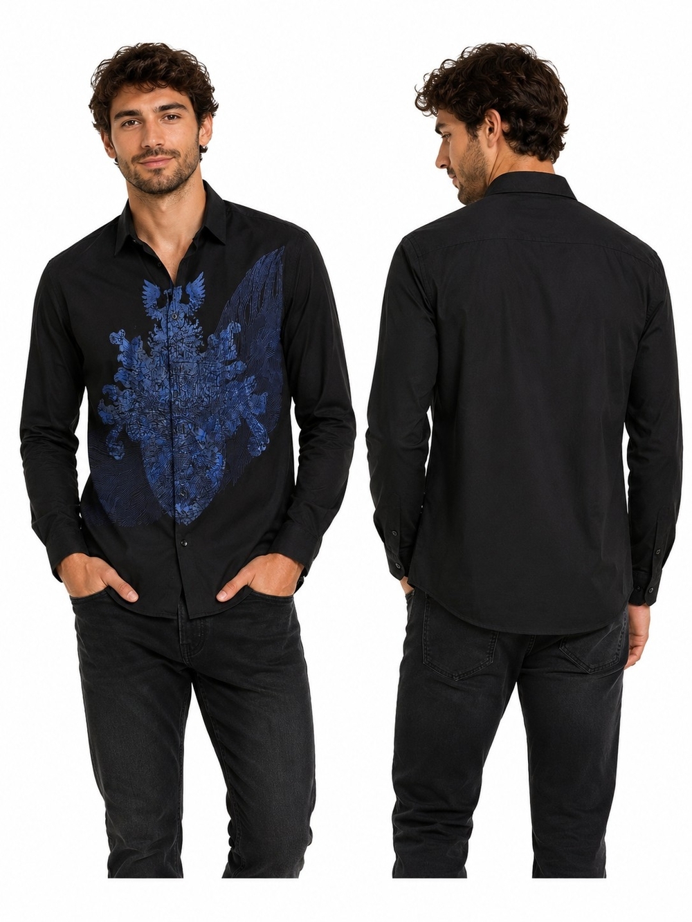 INC International Concepts Black Button-Down Shirt with Blue Graphic Crest
